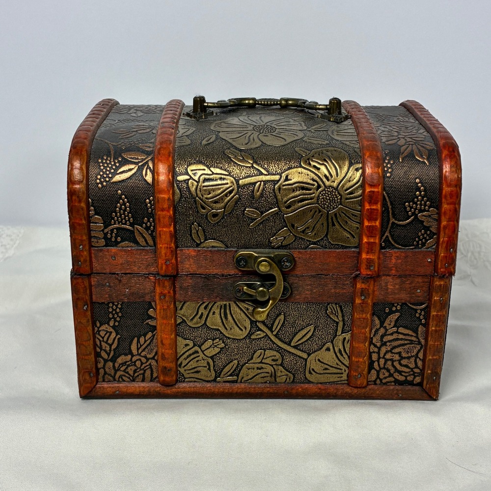 Treasure Chest Floral Embossed Wood Trunk Trinket Keepsake Box Rustic Cottage